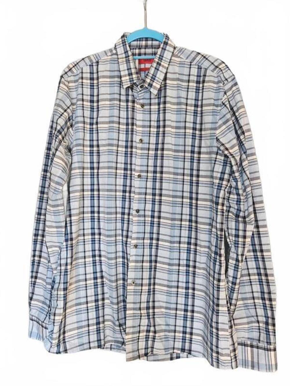 Hugo Boss Slim Fit Plaid Button Shirt Mens XXL Blue Gray Designer Casual ms69